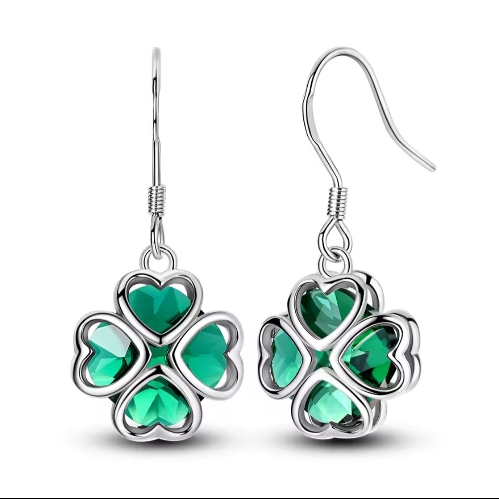 Sterling Silver Green Clover Heart Drop Earrings☘️